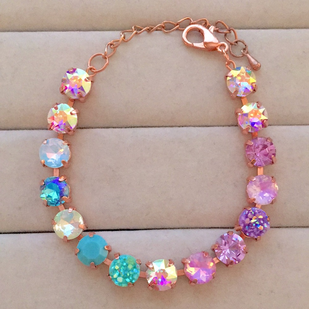 Iridescent Turquoise + Purple Opal Ombre Rose Gold Crystal Tennis Bracelet - Picture 10 of 10